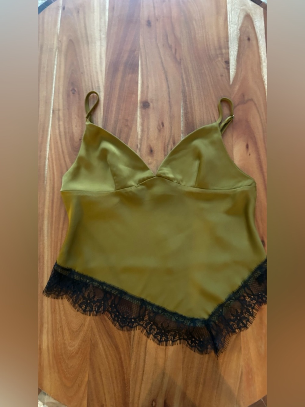 Olive Green Satin Asymmetrical Camisole w/ black lace trim, like new, Sz M